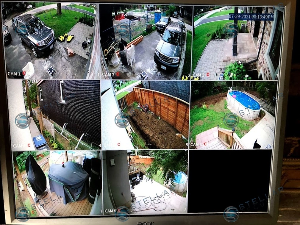Multi-camera security display monitor showing live 8-channel perimeter coverage for Etobicoke residence