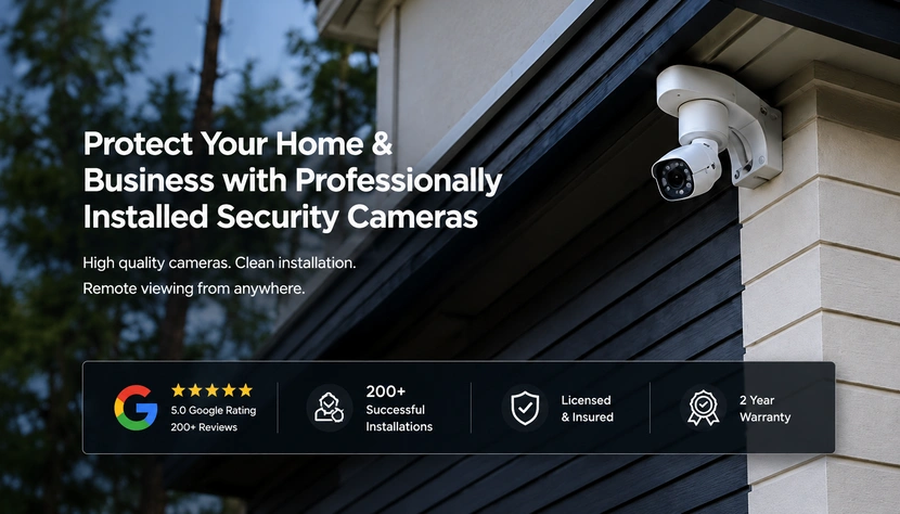 Outdoor security camera mounted under soffit on a modern stone residential home.