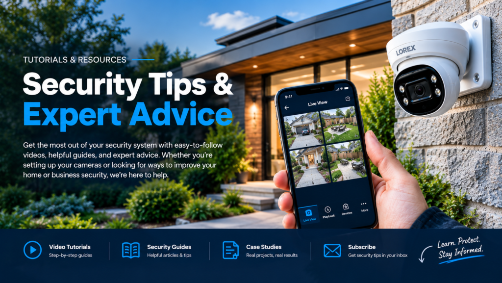 Promotional banner for security tips and tutorials featuring a smartphone displaying live multi-camera security feeds alongside an exterior mounted IP turret camera.
